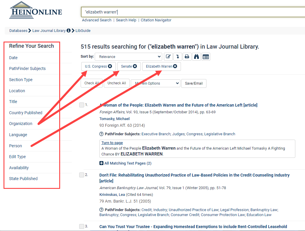 image of refining results using multiple facets in HeinOnline