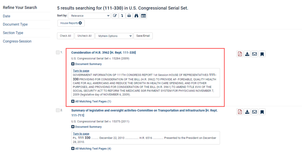 screenshot of search result highlighting House Report 111-330
