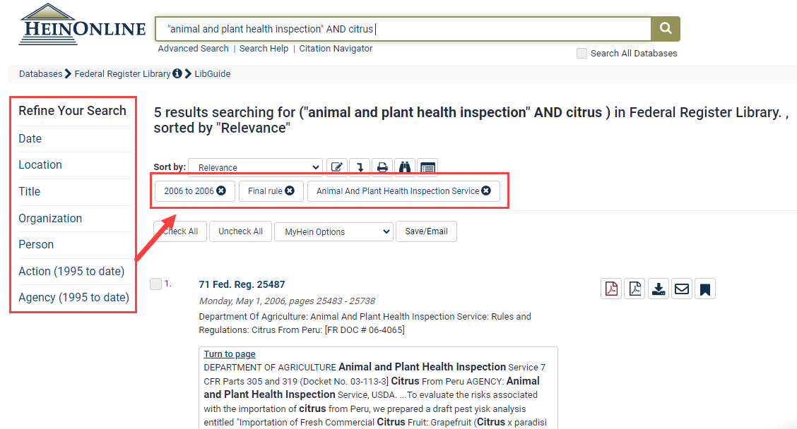 search results in HeinOnline showing a search refined using multiple facets