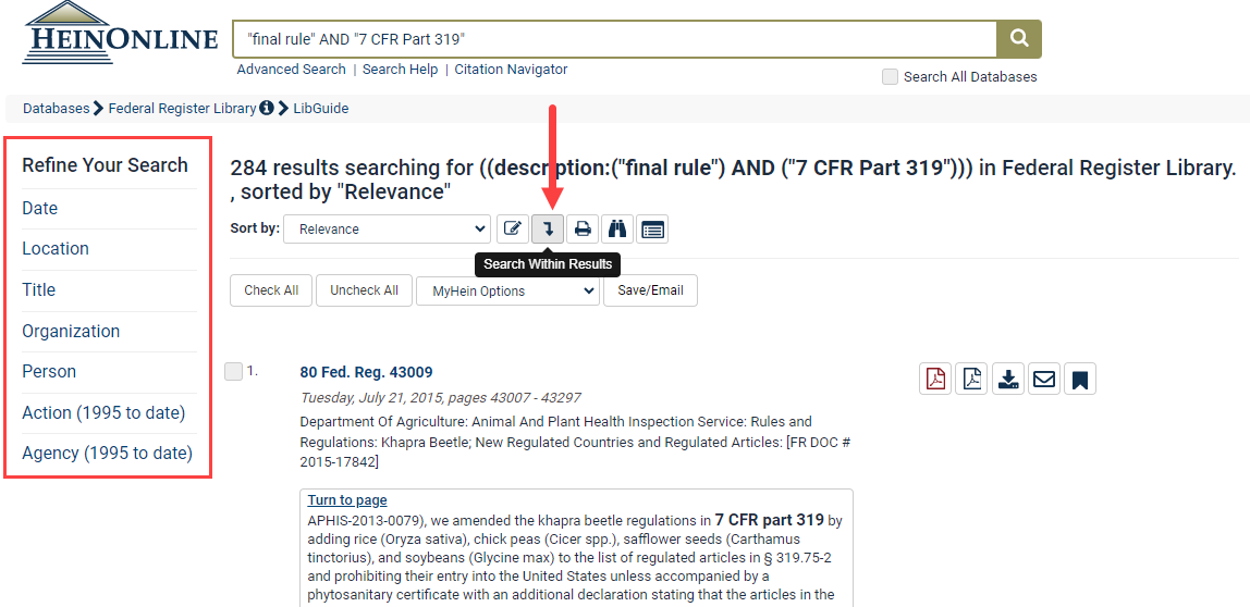 image of search results in the Federal Register Library allowing users to search within or refine their search