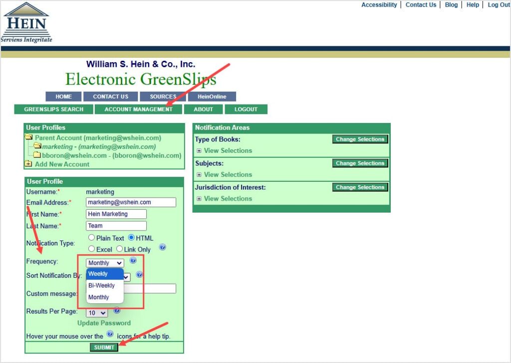 GreenSlips account Account Management tab with option to adjust frequency of updates highlighted