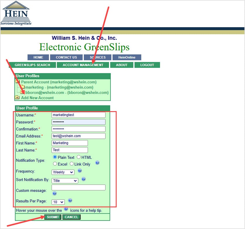 screenshot of Add New Account under Account Management in Electronic GreenSlips