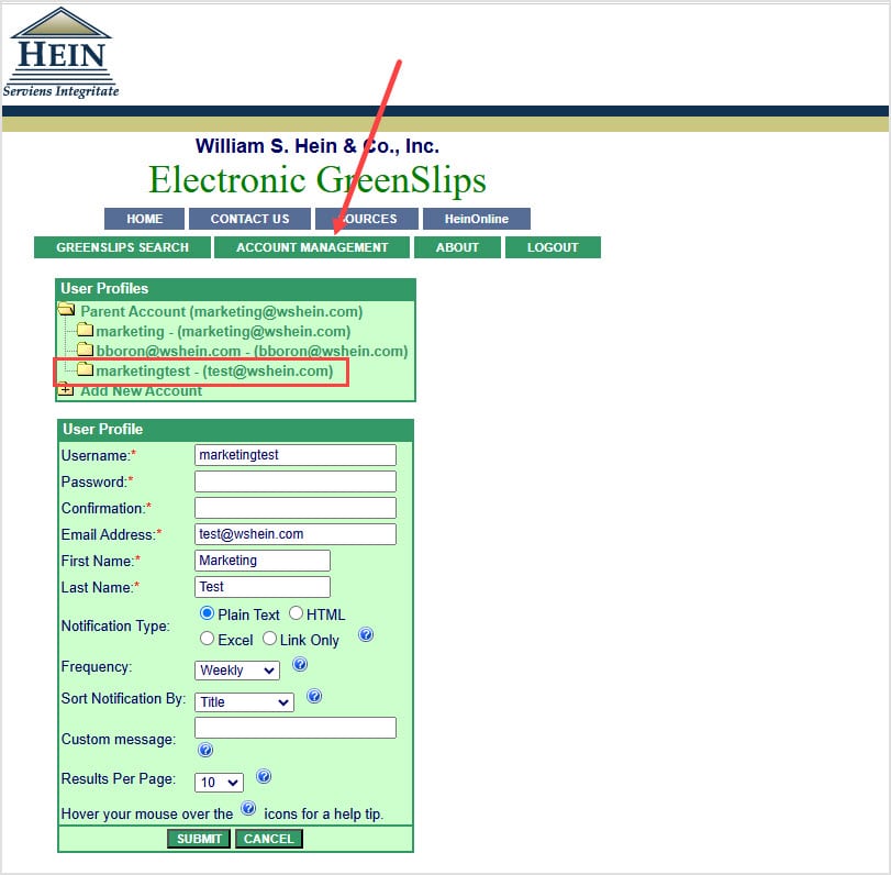 screenshot of Account Management tab in Electronic GreenSlips highlighting the new user