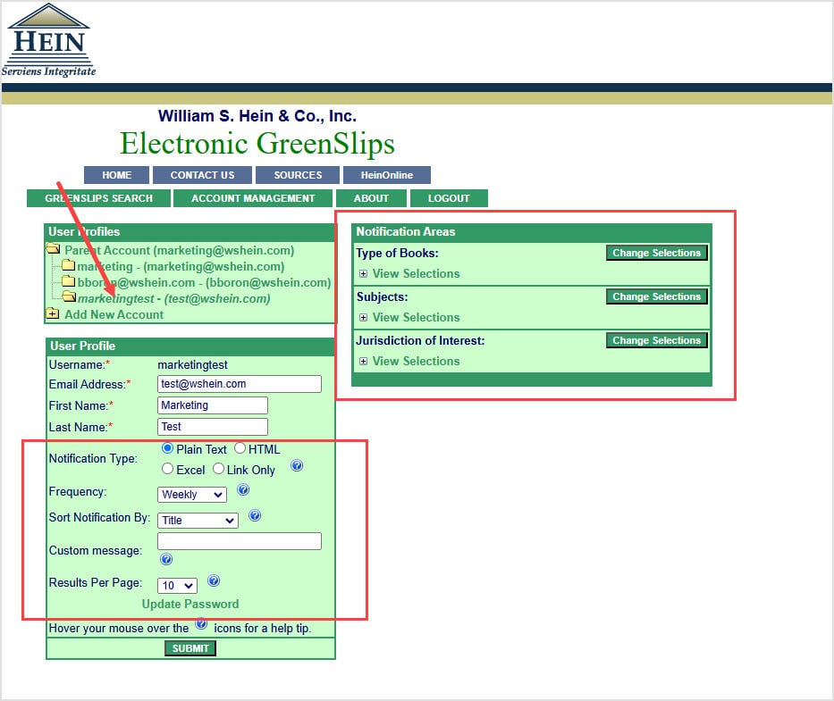 screenshot of Account Management tab in Electronic GreenSlips highlighting notification options