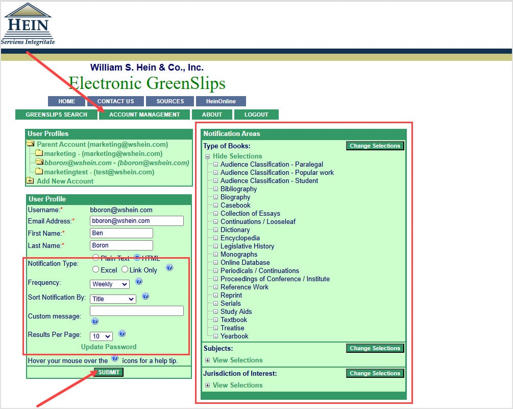 Electronic GreenSlips Account Management options highlighting notification preferences and notification areas