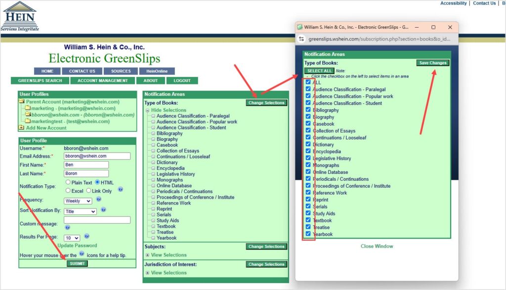 screenshot of how to change selections in Notification Areas in Account Management tab of Electronic GreenSlips