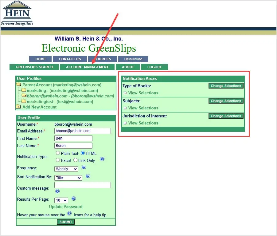 screenshot of Notification Areas section within Account Management tab of Electronic GreenSlips