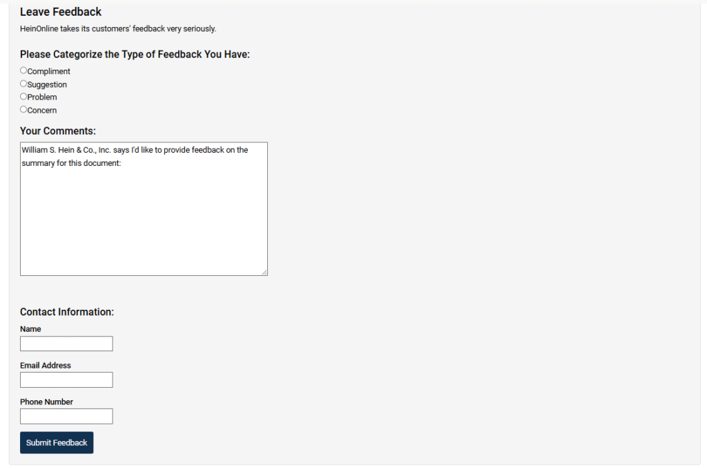 Feedback form for Article Summaries in HeinOnline 