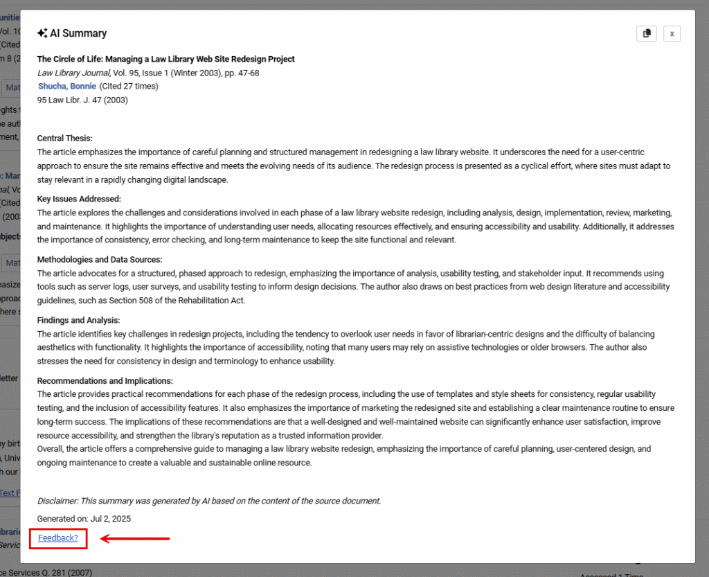 feedback option found within HeinOnline's article summaries