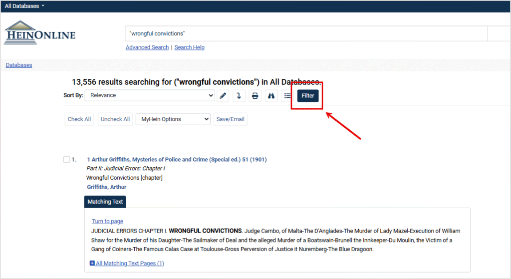 filter button displaying within the toolbar in search results for HeinOnline