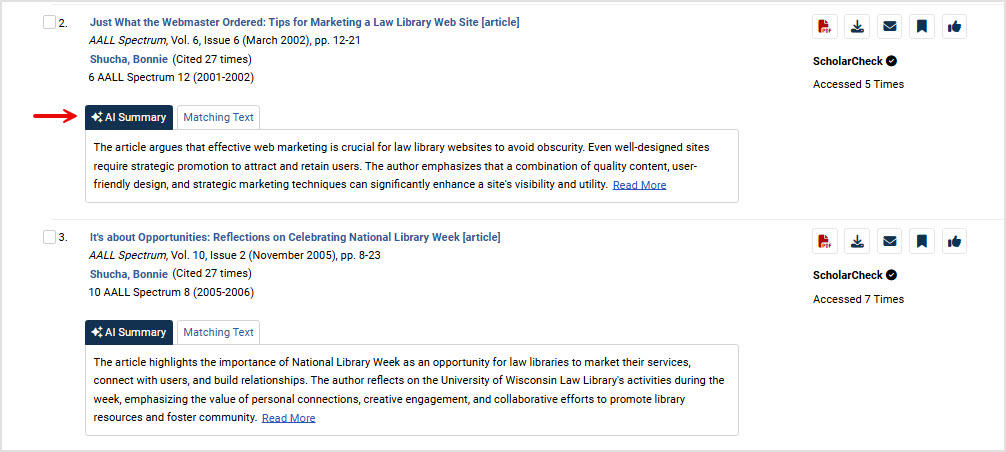 AI Summary tab found within HeinOnline's search results.