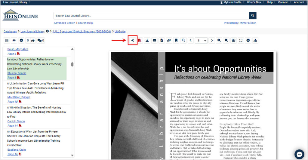 AI Summary icon found within the document viewer image toolbar in HeinOnline