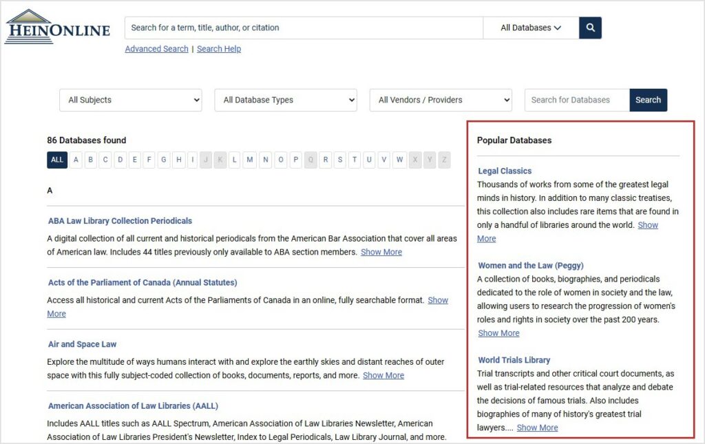 Popular Databases displaying on the HeinOnline welcome page